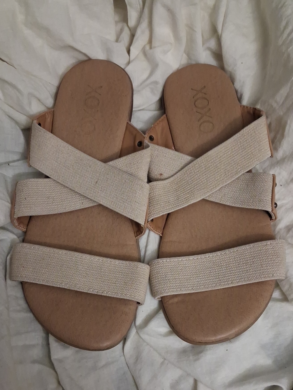 XOXO Neutral Beige Crisscross Elastic Slide Sandals